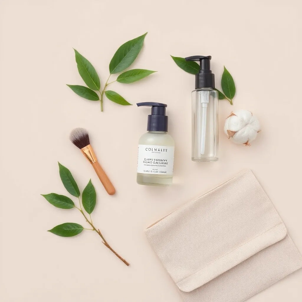 Eco-friendly skincare essentials arranged with glass bottles, cream jar, bamboo brush, and fresh green leaves
