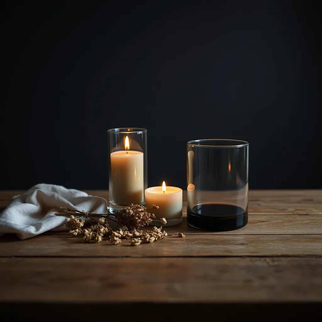 Three elegant glass candles with warm flames and soft shadows on a wooden table with dried botanicals