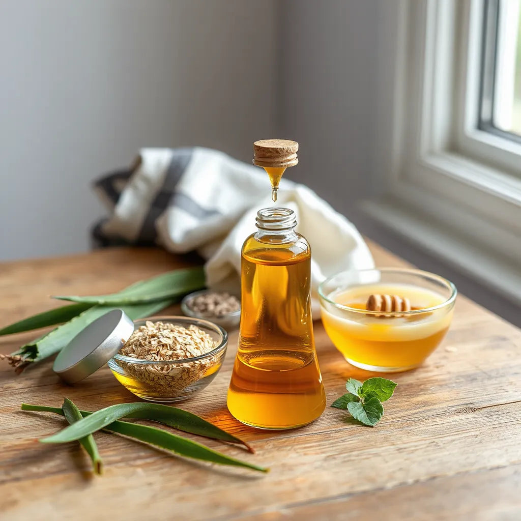 Natural cosmetic ingredients like honey, oat, aloe, and plant leaves arranged with dropper oil