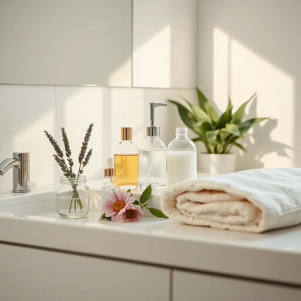 Minimal skincare bottles with natural botanicals on a sunlit bathroom vanity