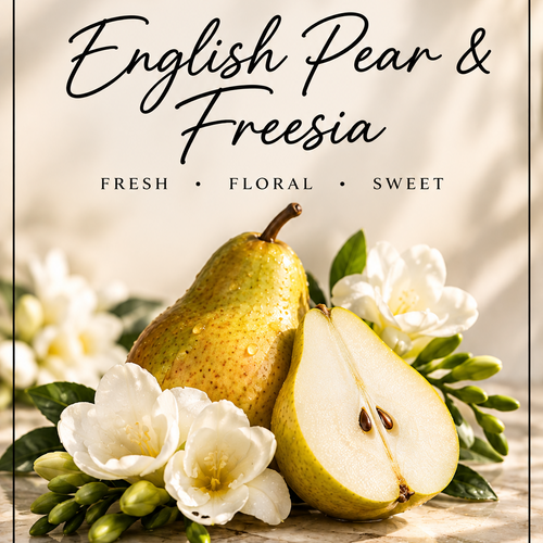 A decorative product graphic for Noir Glow Candles featuring the scent name 'English Pear & Freesia' with the words 'Fresh Floral Sweet' below. The design includes a pear, a halved pear, white flowers, and green leaves on a light marble surface with soft warm shadows.