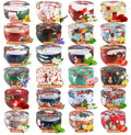 A grid of 24 cylindrical wax melts tins, each labeled with a scent name such as Bergamot, Vanilla, Jasmine, Rose, Mediterranean Fly, Lavender, Spring, Lemon, Rosemary, Peppermint, Strawberry, Blue Bell, Wood Sage & Sea Salt, Peony Cherry Blossom, English Pear & Raisins, and more. Each tin shows a colorful illustrated label with seasonal or scent-themed graphics, and the collection is presented on a plain white background.