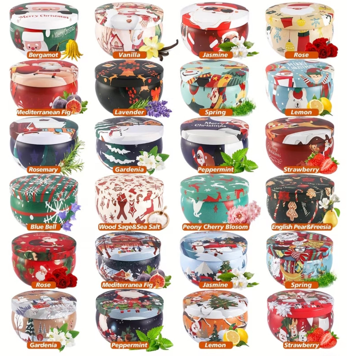 A grid of 24 cylindrical wax melts tins, each labeled with a scent name such as Bergamot, Vanilla, Jasmine, Rose, Mediterranean Fly, Lavender, Spring, Lemon, Rosemary, Peppermint, Strawberry, Blue Bell, Wood Sage & Sea Salt, Peony Cherry Blossom, English Pear & Raisins, and more. Each tin shows a colorful illustrated label with seasonal or scent-themed graphics, and the collection is presented on a plain white background.