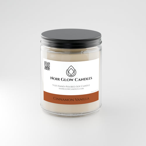 Cinnamon Vanilla 9 oz soy candle shown lit in a warm home setting - Noir Glow Candles